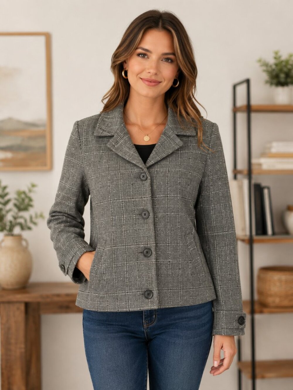 Calvin Klein Blazer Jacket Women 14 Grey Plaid Wool Blend Button Up Carrer Peppy